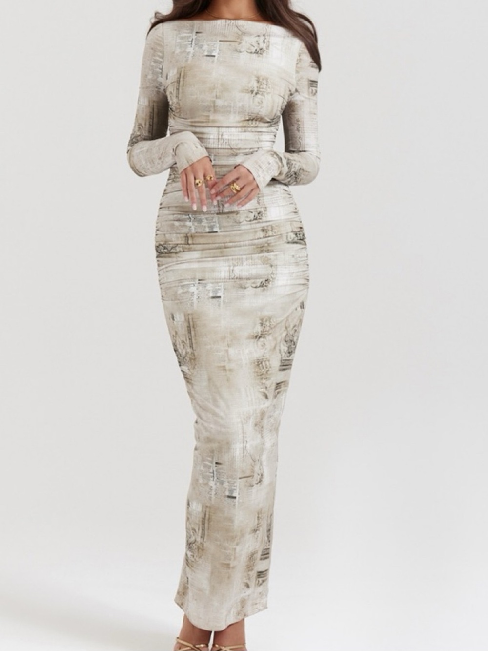 House of CB Beige Printed Long Sleeve Maxi Dress